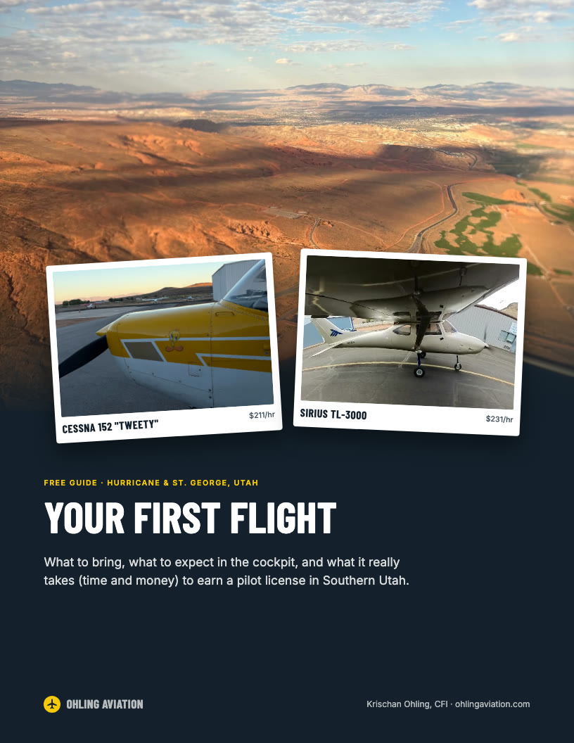 Cover of the free First Flight Guide from Ohling Aviation, showing the Cessna 152 and Sirius TL-3000 over the desert near Sand Hollow